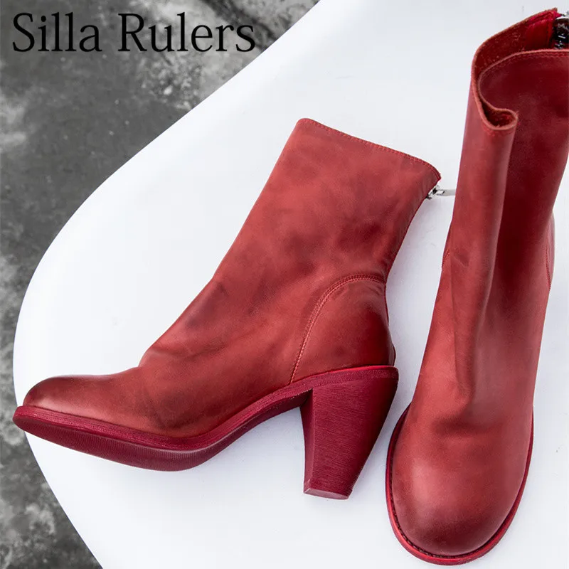 

Autumn Real Leather Women's Martin Boots Round Toe Wine Cup Heel Coarse Heel Ankle Boots Post Zipper Red Black White Women Boots