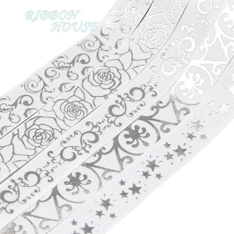 

(10 yards/roll) 22mm White Hot stamping silver foil grosgrain ribbon gift wedding ribbons wholesale