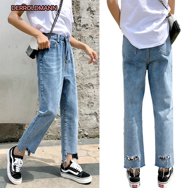 

Spring Summer Korean Jeans with Holes Denim High Waist Straight Fashion Broken Jeans Pants Women
