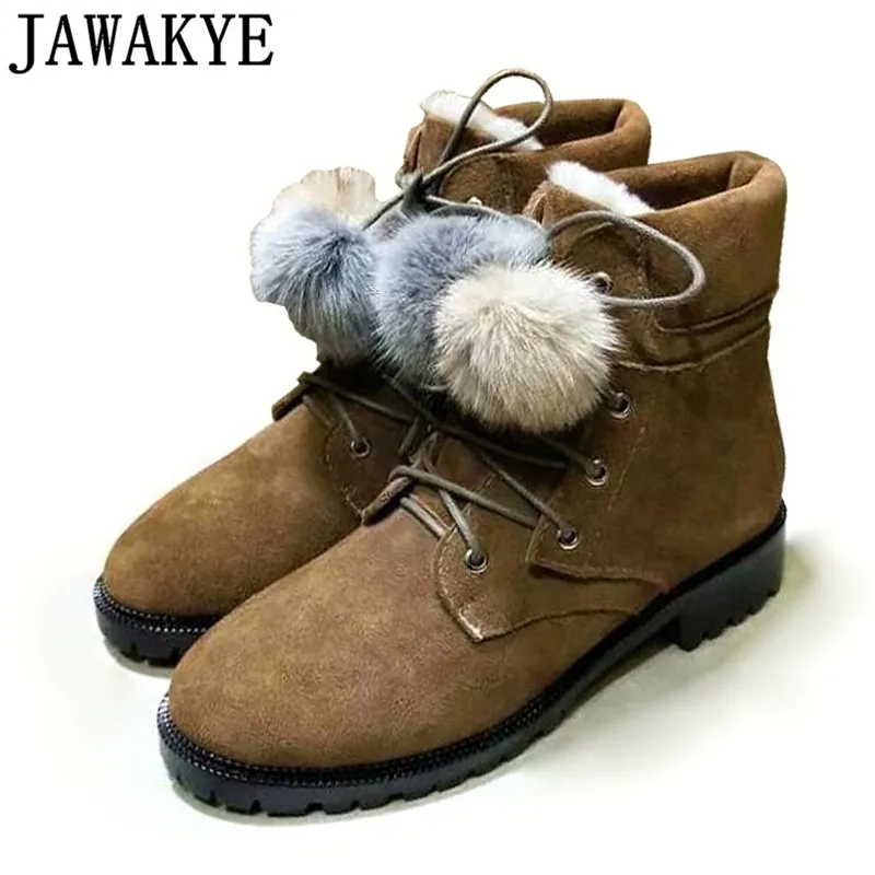

Punk style shoes women kid suede cowbat Ankle Boots for women platform flat pompoms decor martin short boots winter snow boots