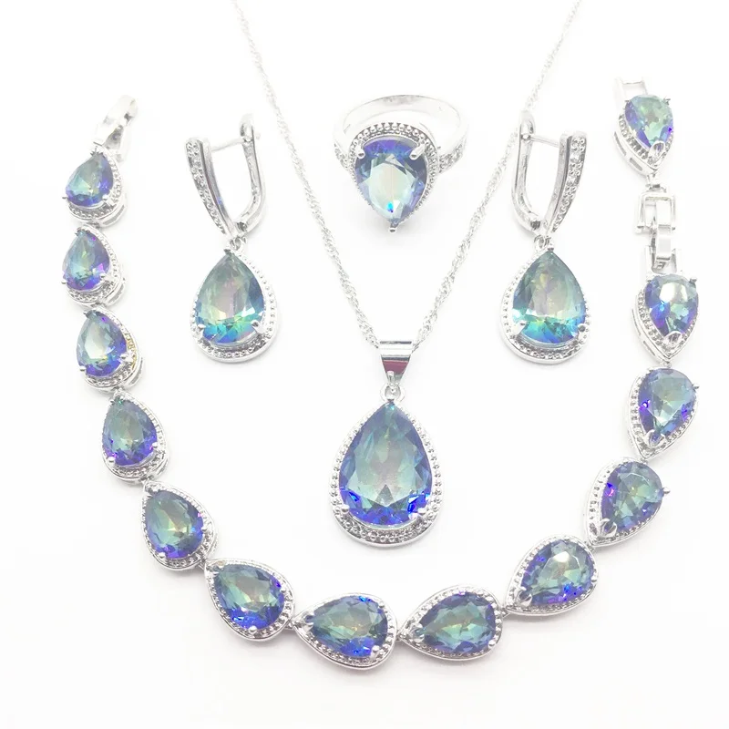 Water Drop Sky Rainbow Zircon White Jewelry Sets 925 Silver Earrings Ring Necklace Pendant Bracelet For Women | Украшения и