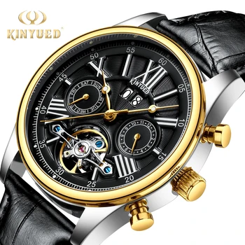 

KINYUED Top Luxury Brand Skeleton Mechanical Mens Watches Calendar Sports Waterproof Automatic Watch Men Leather montre homme