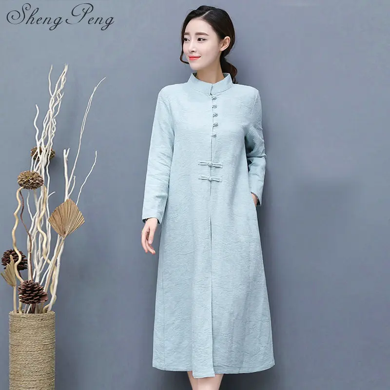 Винтажное традиционное китайское женское длинное платье Восточное китайское льняное длинный рукав свободный покрой Большие размеры женские платья CC404 - Цвет: 2