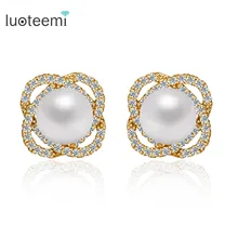 LUOTEEMI Design Charm Trendy Vintage Style Round AAA White Imitation Shell Pearl Stone Earrings for Women Bridal Wedding Jewelry