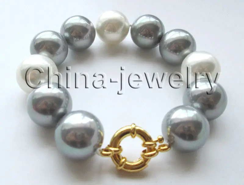 

Wholesale price 16new ^^^^8" 18mm perfect round white & gray south sea shell pearl bracelet - GP clasp