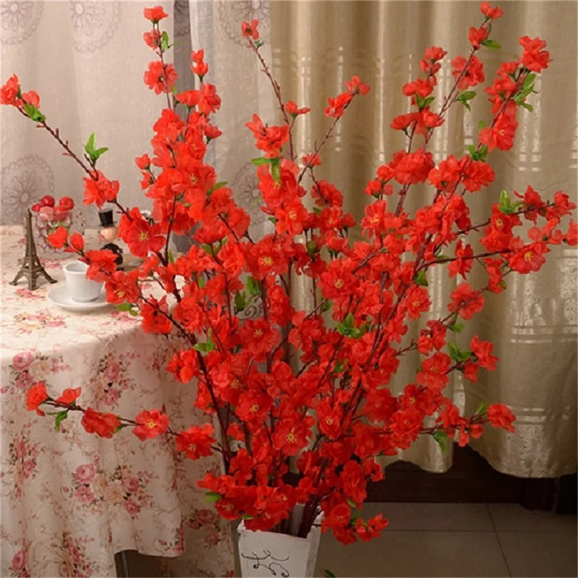 65 см искусственные вишневые весенние сливы Персиковый Цветок ветка Шелковый цветок домашние свадебные декоративные цветы пластиковый персиковый букет Oc25 - Color: red