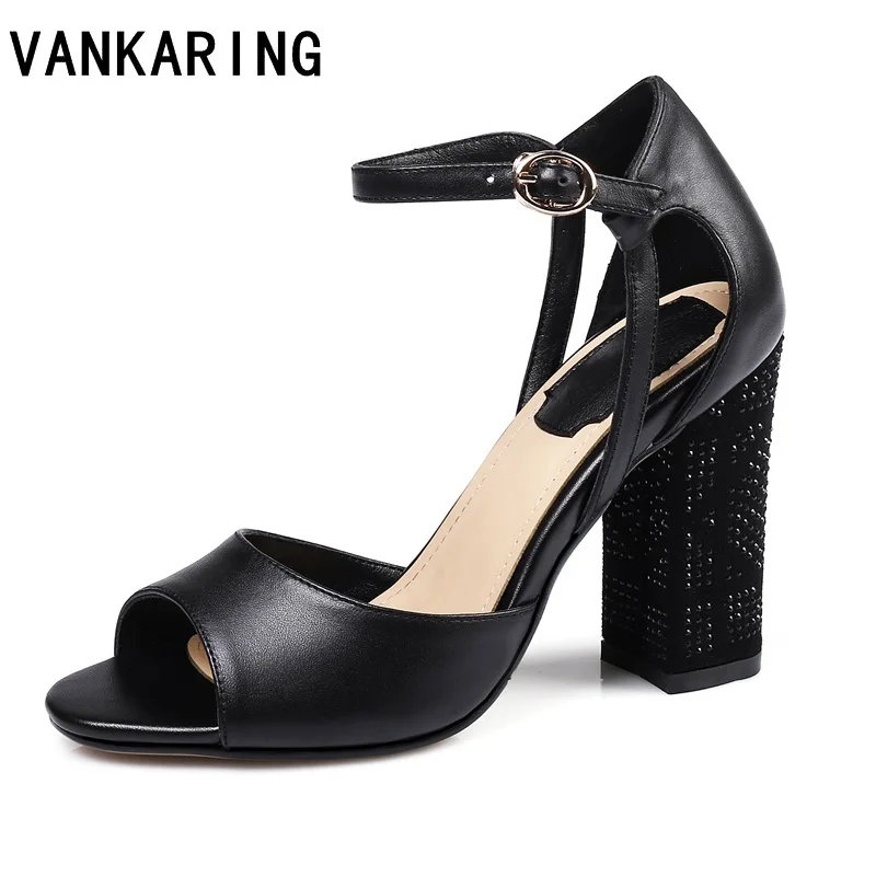 

VANKARING new genuine leather women gladiator sandals fashion sexy high heels peep toe shoes woman dress party office lady shoes