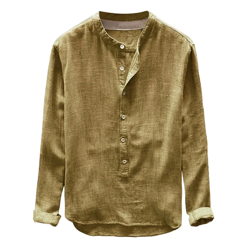  New Fashion Mens Men Autumn Winter Button Casual Daily Linen and Cotton Long Sleeve Travel Top Solid Blouse #4F04 (16)