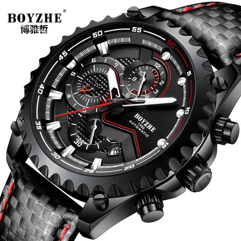 

BOYZHE Luminous Mechanical Watch Men Automatic 2019 Luxury Mens Mechanic Watch Leather Sprots Waterproof reloj automatico hombre