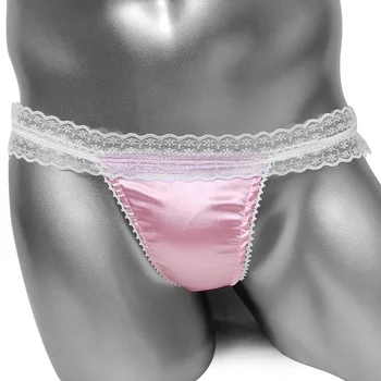 

Satin Lace Pink Sissy Panties for Men Low Rise Ruffle Shiny Sexy Gay Lingerie Bikini Thongs G-string Pouched Male Underwear