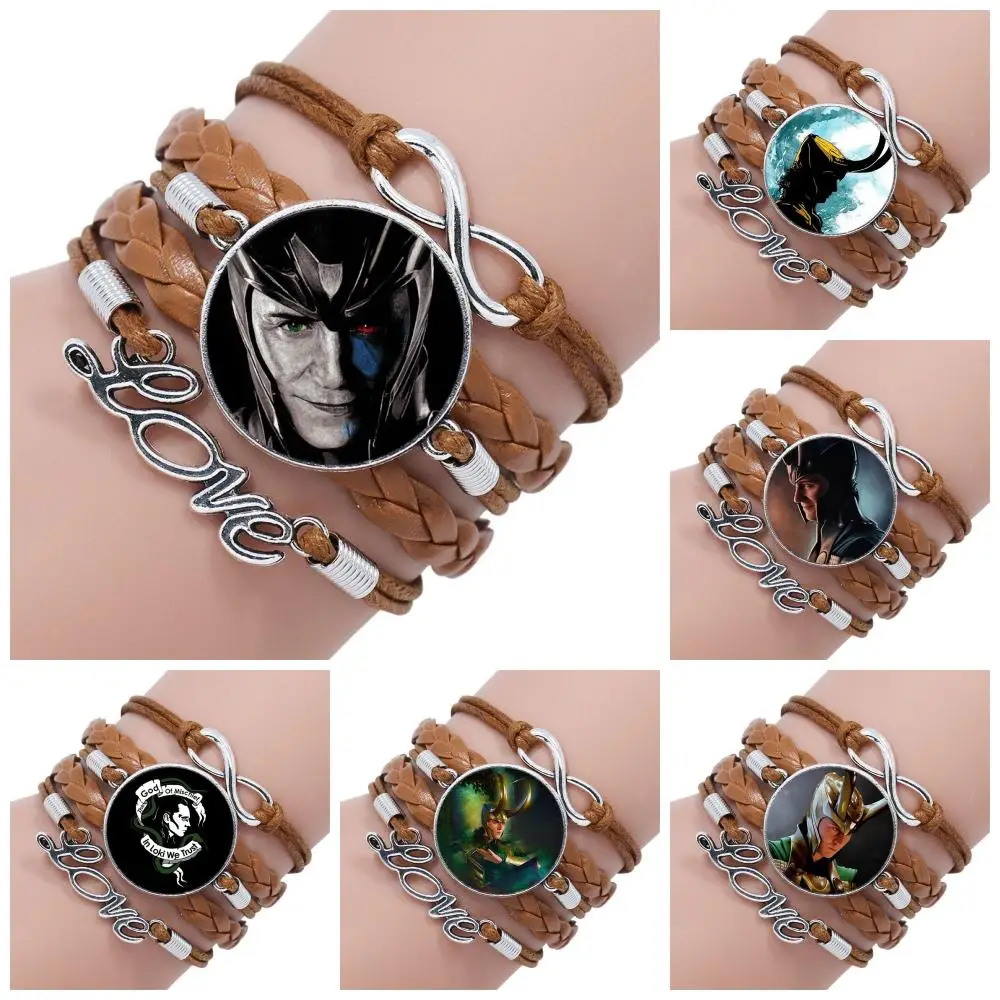 

For Girls Statement Maxi Loki God Of Mischief Logo Multilayer Black/Brown Leather Bracelet Bangle Cartoon Jewelry