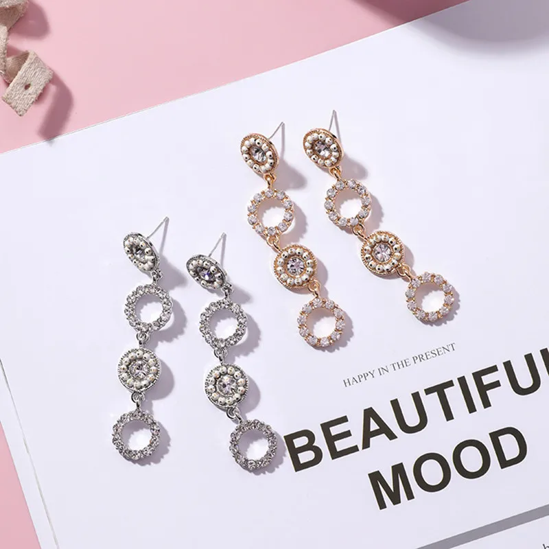 Geometric Hollow Shiny Rhinestone Round Circle Long Temperament Drop Earrings for Women Fashion Lady New Brincos Jewelry 5B2036