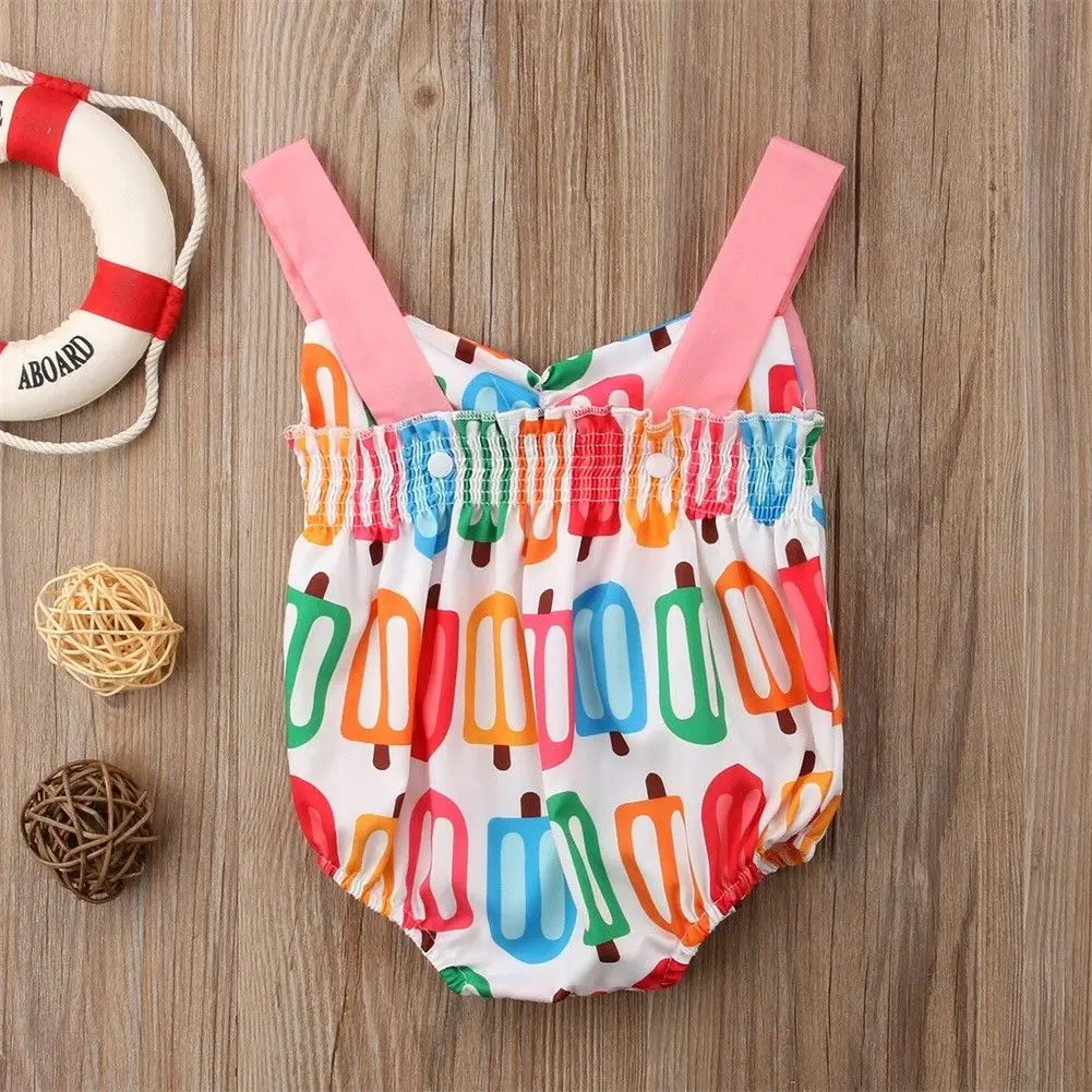 

2018 NEW Cute Newborn Kid Baby Girl Ice Cream Bodysuit Jumpsuit Outfits Clothes fashion bow pink summer lovely sleeveless CH