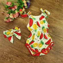 2017 D’été de Bébé Barboteuses Filles Coton Fruits Imprimé Sans Manches Ruches Combinaisons Avec Bandeau Infantile Roupas Enfants Vêtements