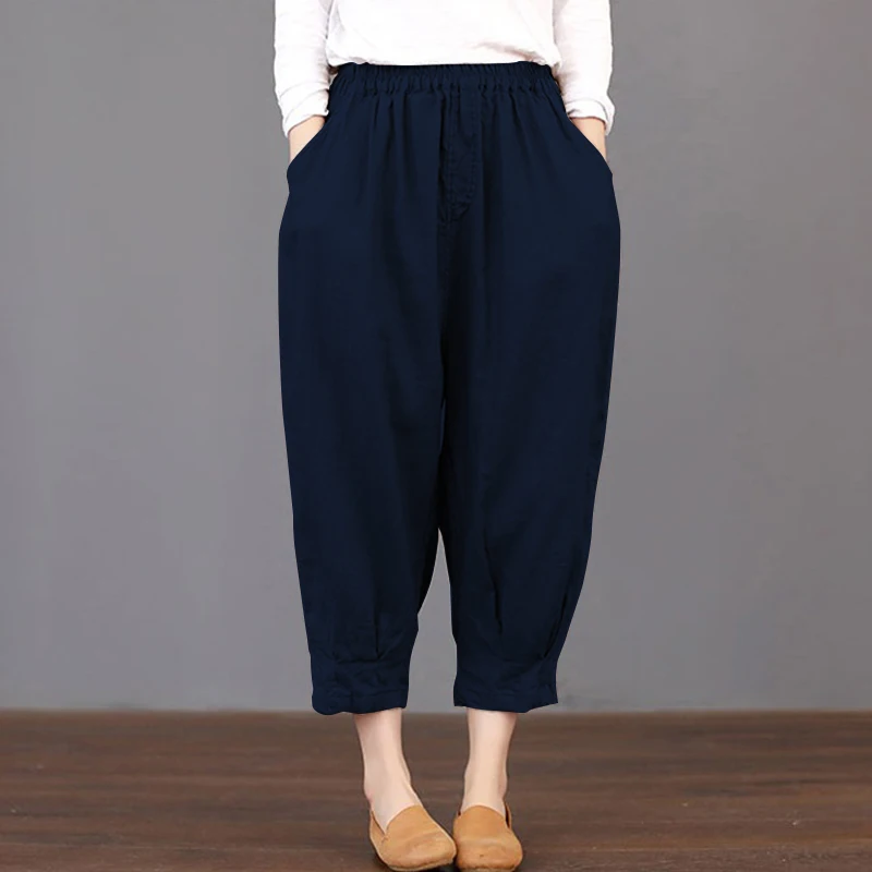Летние женские повседневные штаны-шаровары ZANZEA с карманами и высокой эластичной резинкой на талии, однотонные хлопковые льняные свободные брюки-карго, Репка, панталоны