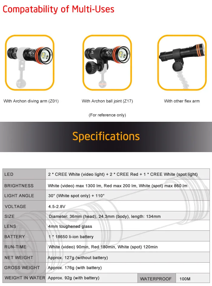 Промо-акция! ARCHON D15VP W21VP 100 м подводный дайвинг вспышка светильник видео точечный светильник белый красный CREE светодиодный 1300lm фонарь для дайвинга