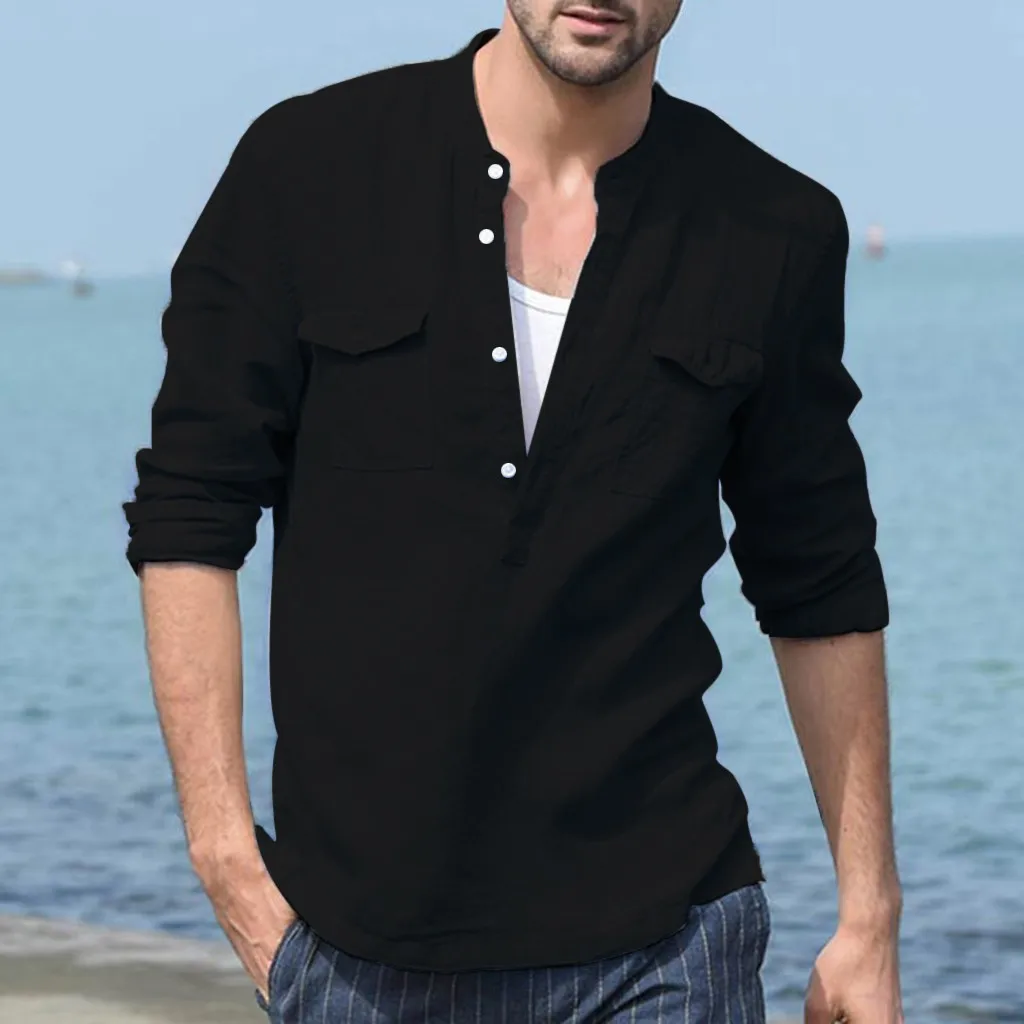 

Shirt Cotton Linen Mens Black Shirt 2019 Male Casual Solid Pocket Summer Beach Shirts Long Sleeve Brand Men Clothing 2XL Blouse