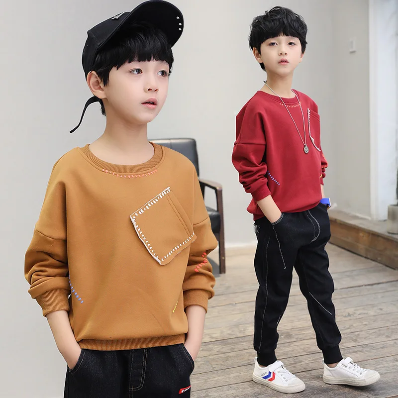 

Child O-neck Tops for Boys Cashmere Long Sleeve T-shirts Kids Thick Tees Infant Solid Tops Boys Knitted Shirts 4 8 9 13 Years