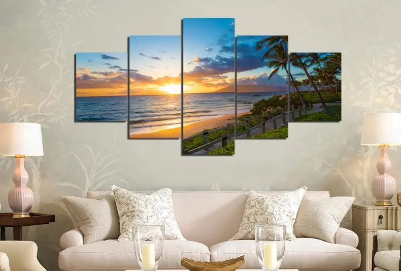 Sunset Beach Hawaii Canvas Painting Wall Art 5 Pieces Prints Home Decor