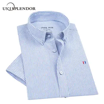 

Unisplendor Summer 100%Cotton Men Shirt Large Size 5XL Striped Mens Shirts Man Working Clothing Fit Short Sleeve Shirt YN10486