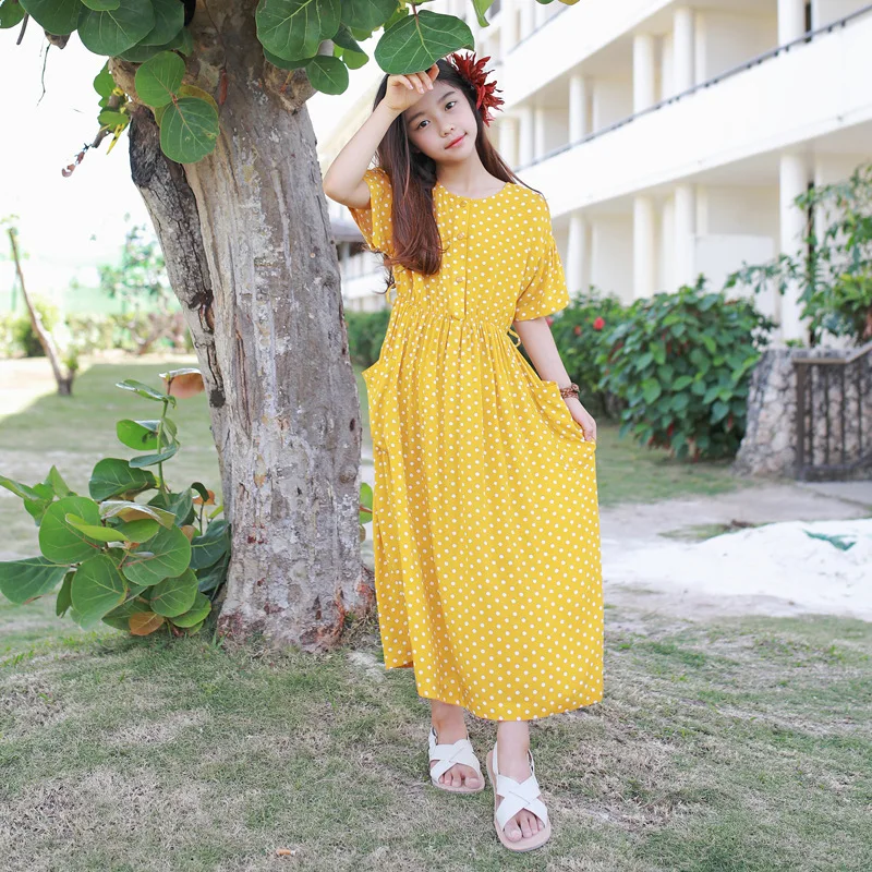 

2019 Summer Polka Dot Maxi Dress For Big Girl Casual Cotton Pocket Kids Clothes Teens Princess Beach Frock mother daughter dress