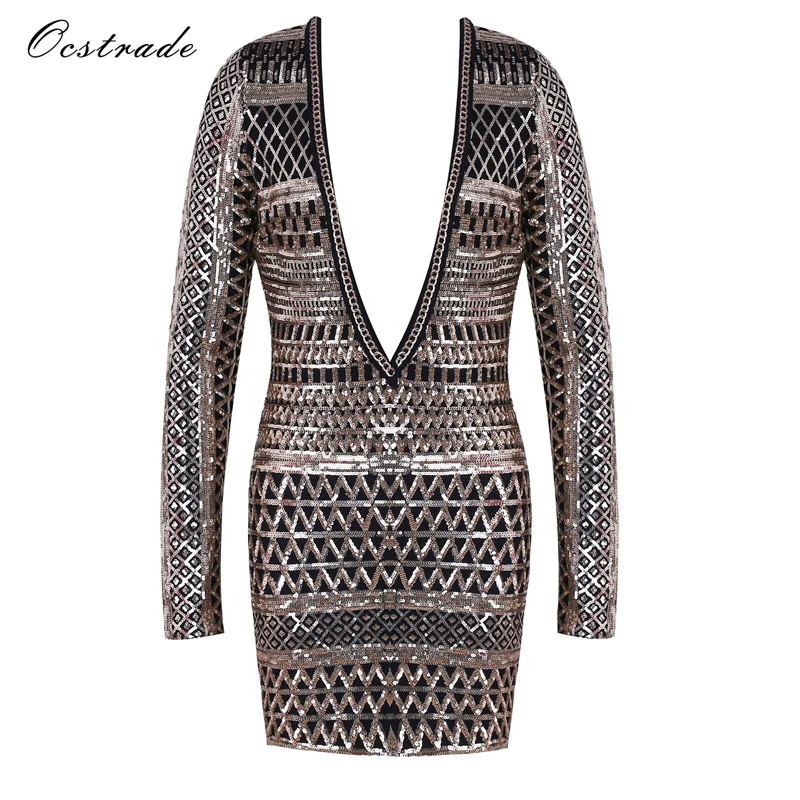 Ocstrade Gold V Neck Long Sleeve Mini Sequined Diamente Embellished Christmas Party Bodycon