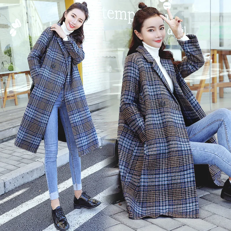 Plaid woolen coat in the long section 2019 autumn / winter women's jacket new loose over the knee plaid woolen coat