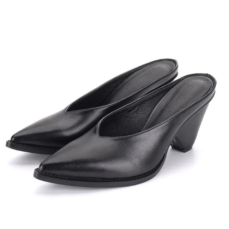 

Spring new high heel women's shoes leather slippers Black large size tip Crude heel Slides women Flip Flops