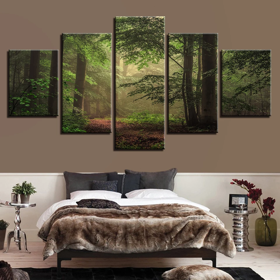 

Printed HD Paintings Frames Decor Modern Home Living Room 5 Pieces Green Forest Scenery Posters Modular Canvas Pictures Wall Art