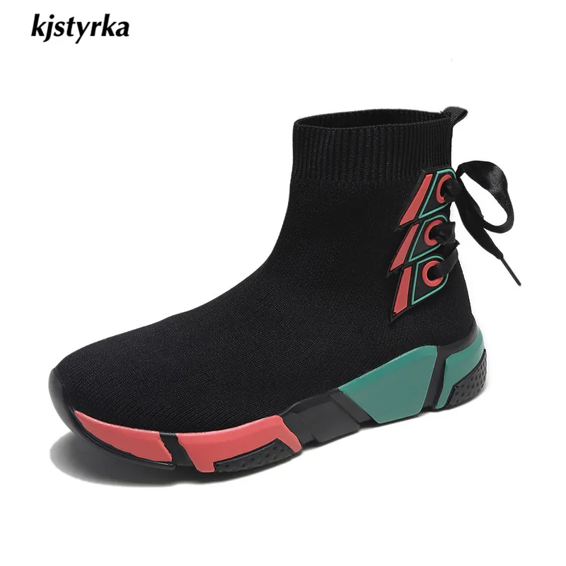 Kjstyrka/; zapatos mujer; Модные дышащие женские кроссовки; tenis feminino; обувь на танкетке для женщин; высокая обувь с перекрестными ремешками - Цвет: Черный