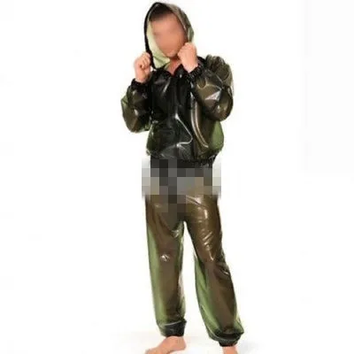 

Latex Rubber Gummi Men Fashion Hooded Jacket And Pants Suit Metal Green XXS-XXL