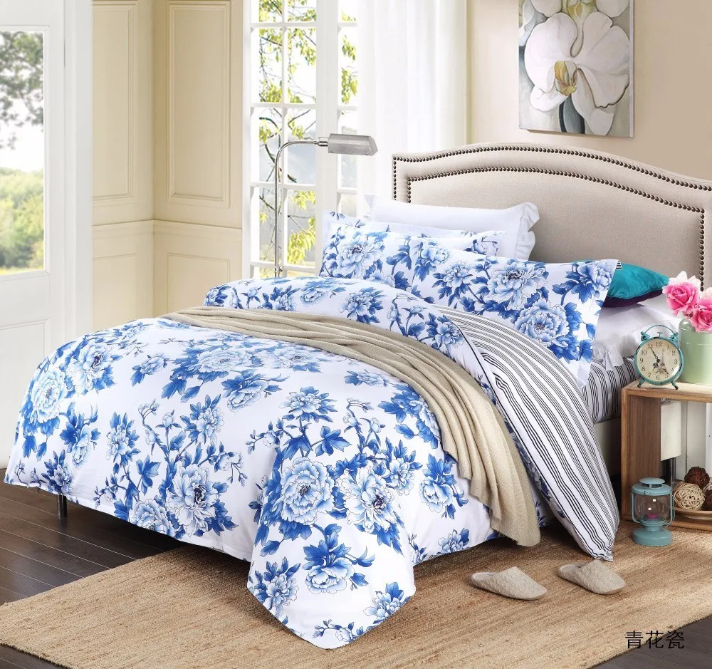 

Chinese Flowers Bedding Set Queen Size 100% Cotton Duvet Cover Sets 3D Printed Adult Bed Sheet Blue White Porcelain 200*230cm