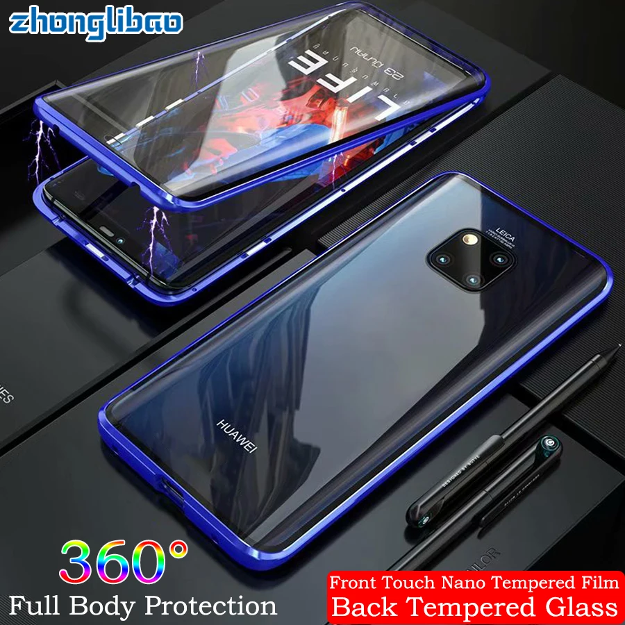 

Built-in Magnetic Adsorption Metal Case for Huawei Mate20 Pro Mate20 Etui 360 Full Cover Front Back Double Glass Protector Cover
