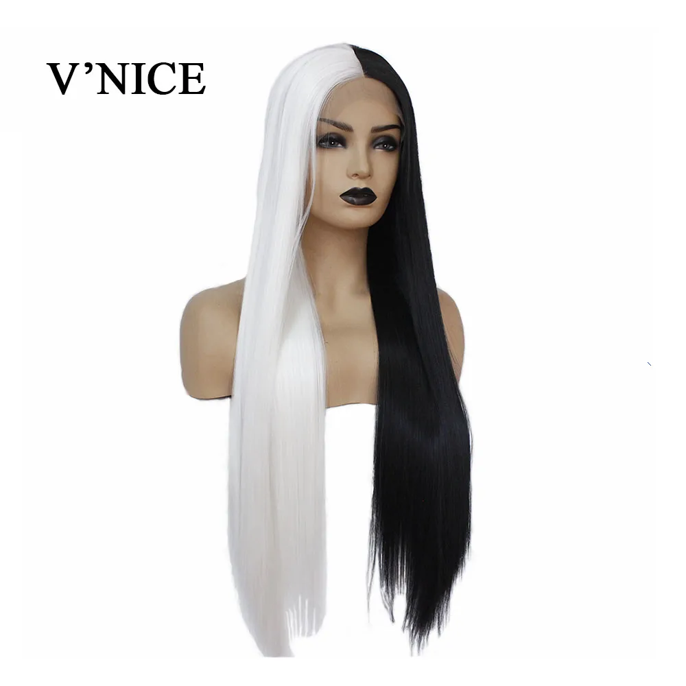 V Nice Half Black Half White Color Hand Tied Lace Front Straight Wig