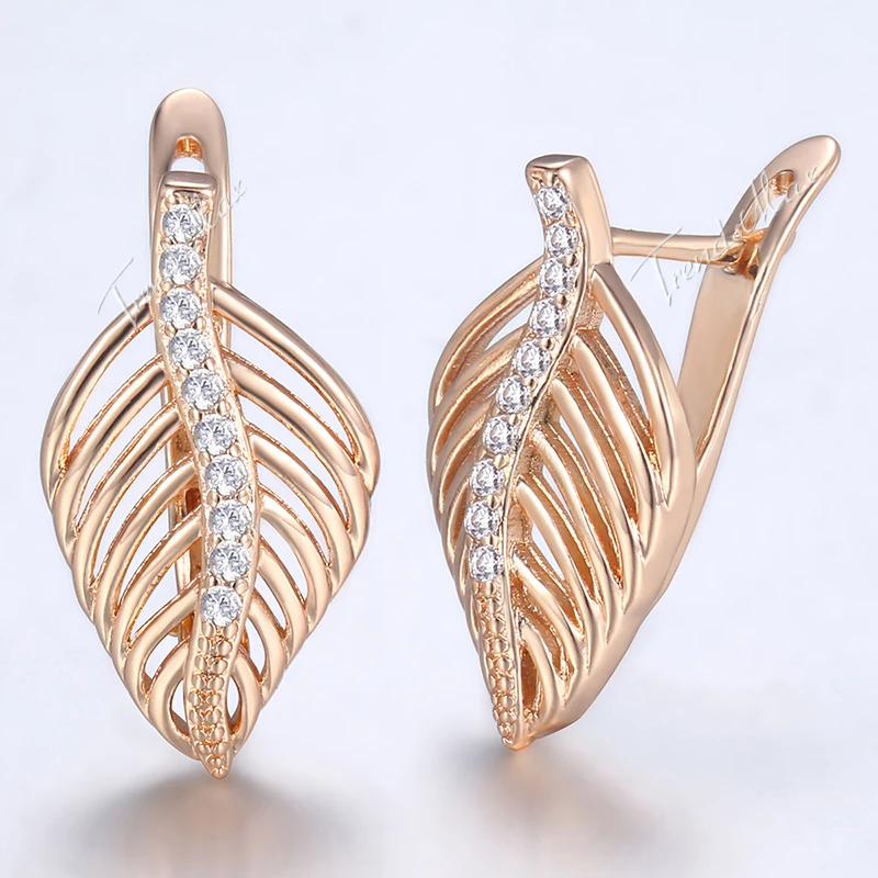 585, розовое золото, заполненные женские серьги, прозрачный CZ камень, в форме листа, серьги-гвоздики, модные ювелирные изделия GE166