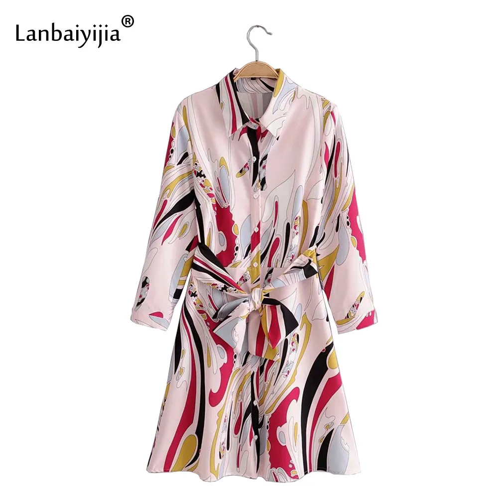 

Lanbaiyijia Newest Summer women dress vintage floral print sashes long sleeve Turn-down Collar Shirt Dress Women casual dresses