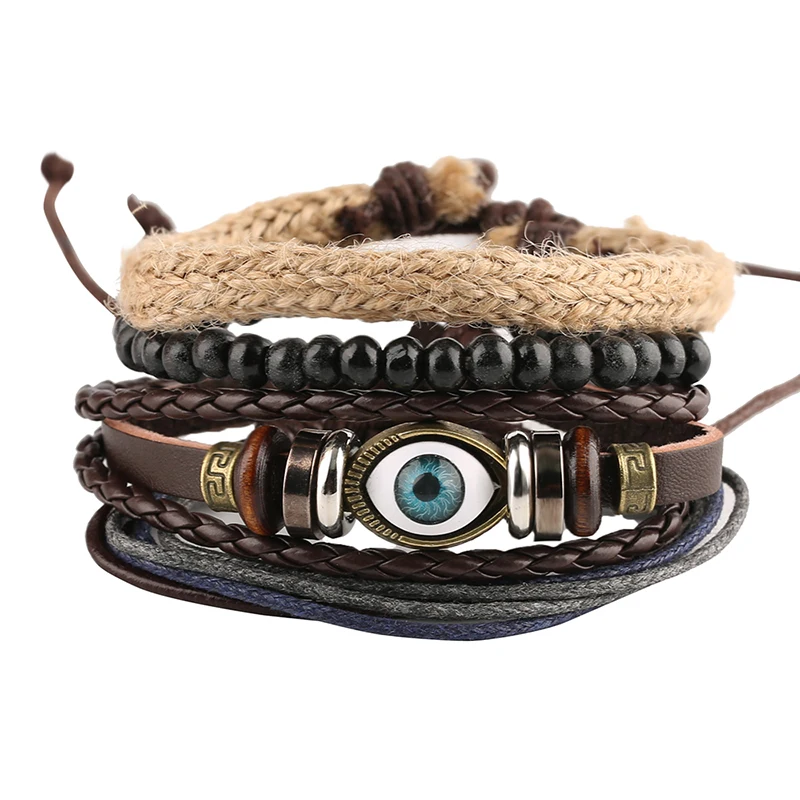 

Hot Fashion 4PCS/Set Punk Style Alloy Eye/Feather Rope Chain Leather Link Bracelets Cool Creative Brithday Gift for Men Women