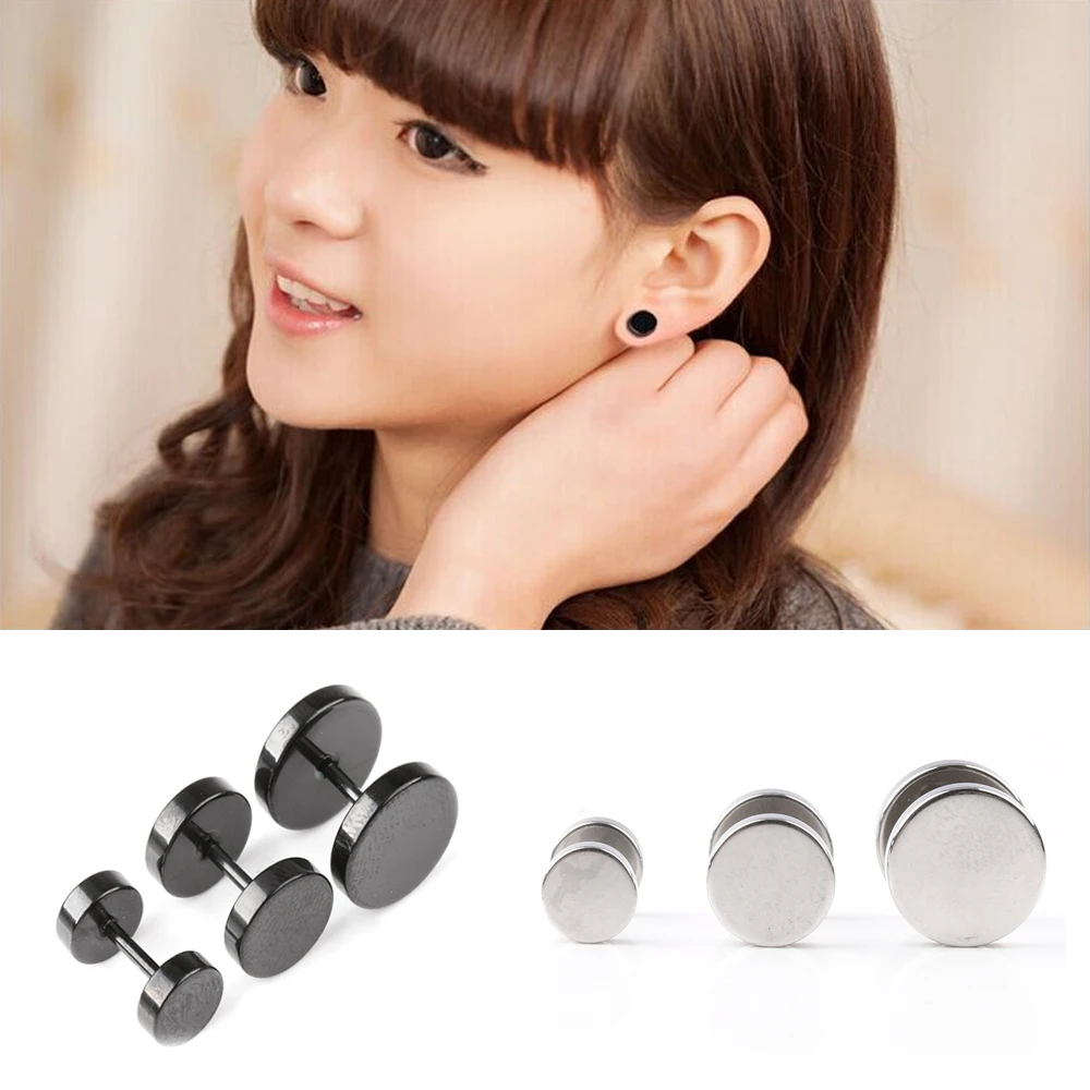 1Pair Classic Men Boy Punk Stainless Steel Ear Studs Silver Black Round