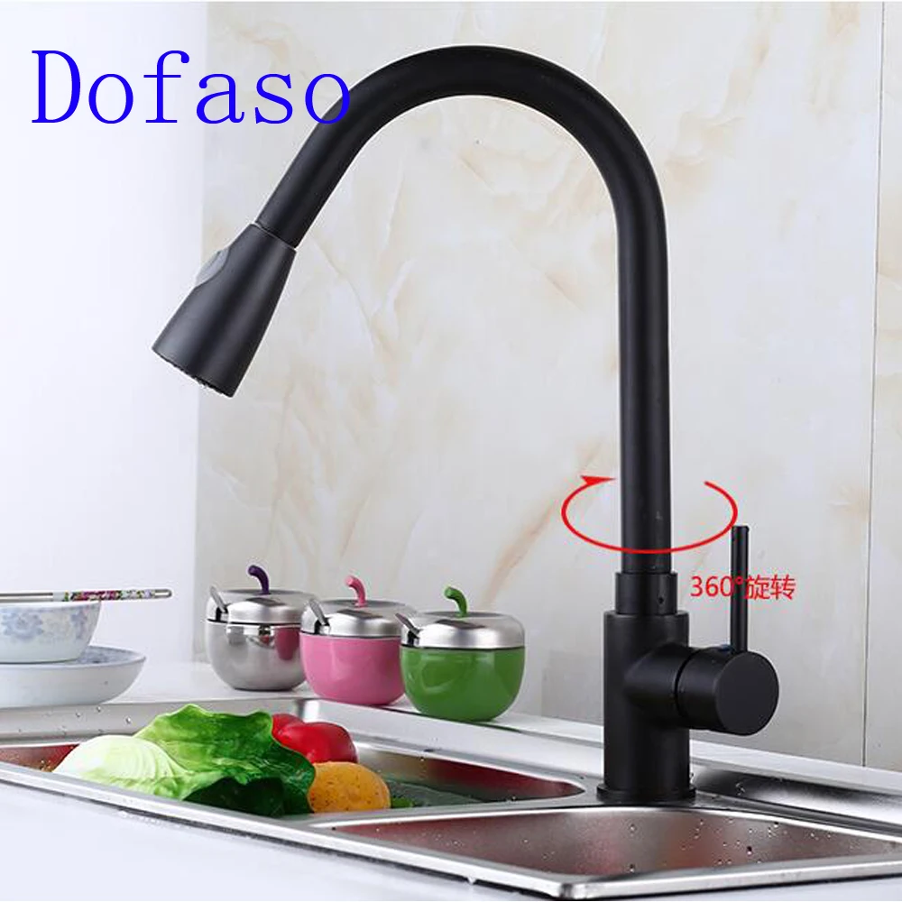 Dofaso drawing faucet single handle tap deck mounted black kitchen faucet pull down Dual Sprayer Nozzle