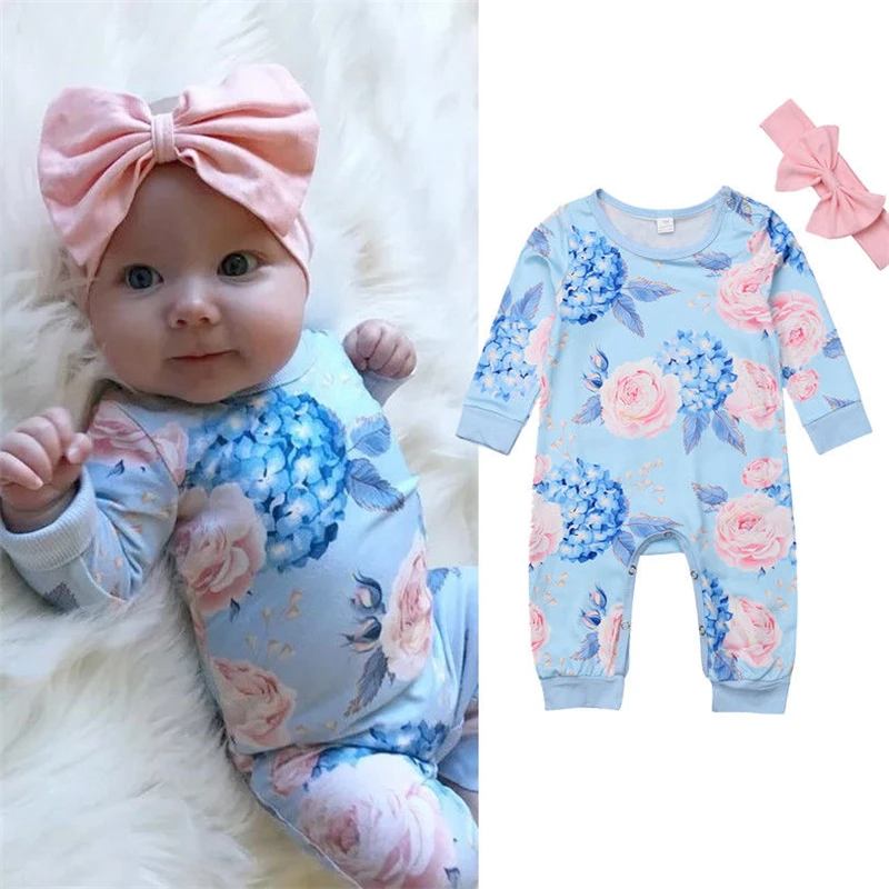 

Newborn Baby Girl Floral Romper Autumn/Winter 100%Cotton Warm Romper Long Sleeve SkyBlue Jumpsuit Playsuit Cute Girl Clothes Set