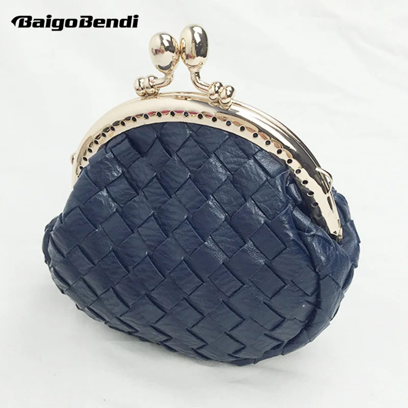 

New Retro Ladies Metal Chain Clutch Women's Mini Woven Leather Coin Purses Knitting Wallet Small Messenger Bag