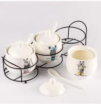 

Ceramic Northern Europe Korean style Sugar Bowl Home Kitchen 3 In 1 Set Salt Condiment Pot Jars With Small Spoon