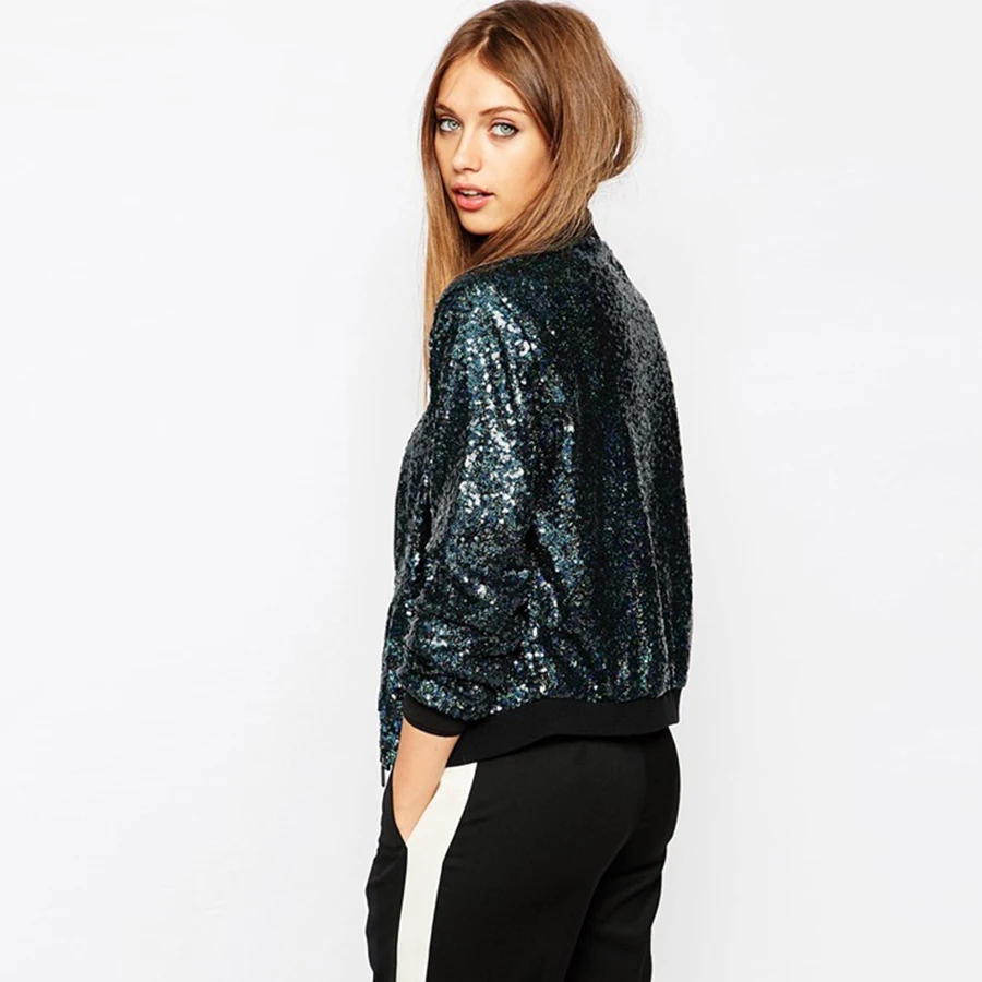 Autumn Women Sequin Coat Blue Bomber Jacket Long Sleeve Zipper Streetwear Jacket Preppy Loose Casual Basic Coat Casaco Feminino