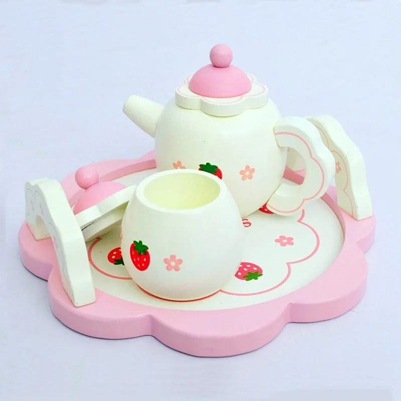 أطفال خشبية طقم شاي لعبة أثاث لعبة واقعية دمية المطبخ اللعب الوردي الحلو الفراولة مسرحية الوالدين والطفل Games0.8k
