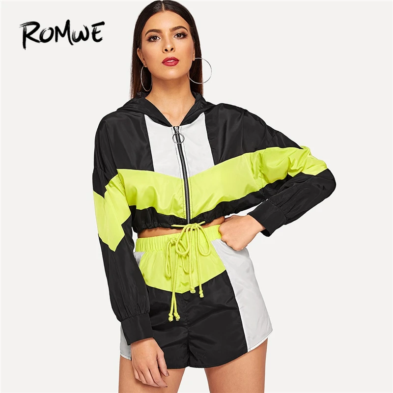 

Romwe Sport Colorblock Drawstring Hem Hooded Jacket and Shorts Women Runnning Sets 2019 Spring Gym Fitness Sportswear Suits