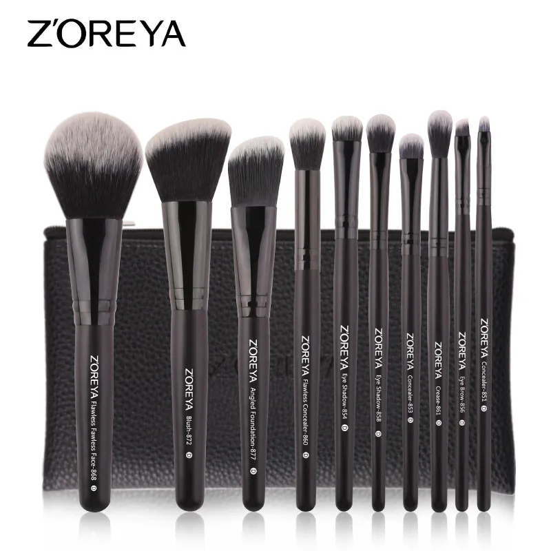 ZOREYA 10PCS Black Classic Makeup Brushes With High Quality Synthetic Hair Foundation Blusher
