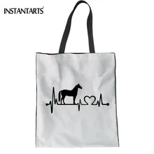 INSTANTARTS женские белые льняные сумки для покупок лошадь сердцебиение 3D принт женские большие Эко сумки повседневные многоразовые сумки для покупок