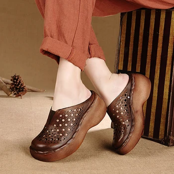 

Nice Handmade Genuine Leather Women Platform Slides Wedge Sandals Cut Out Cover Toes Women Casual Summer Shoes