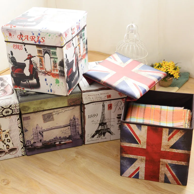 

Storagestool Square Flag Folding Stool Multifunctional Storage Stool British Film Non-Woven Storage Box Home Decor Storage Box