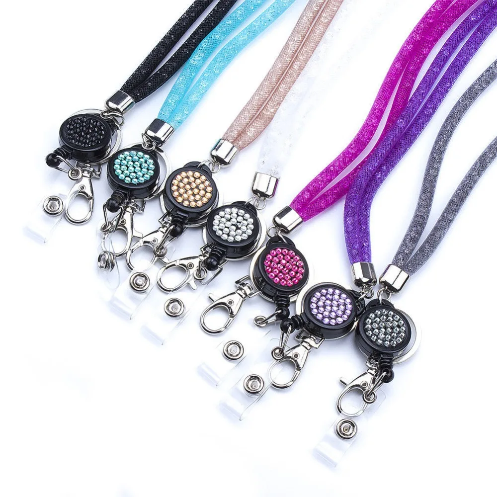 

NECK RHINESTONE CRYSTAL LANYARD& RETRACTABLE ID NAME BADGE REEL PHONE KEY HOLDER Pendant Necklace